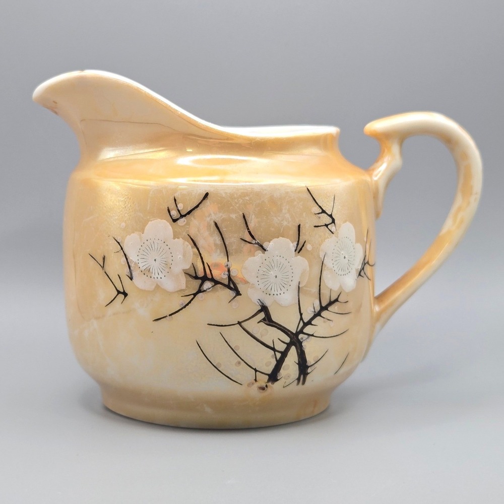 Vintage Japanese Lusterware Creamer Peach Iridescent Floral Branch Made in Japan
